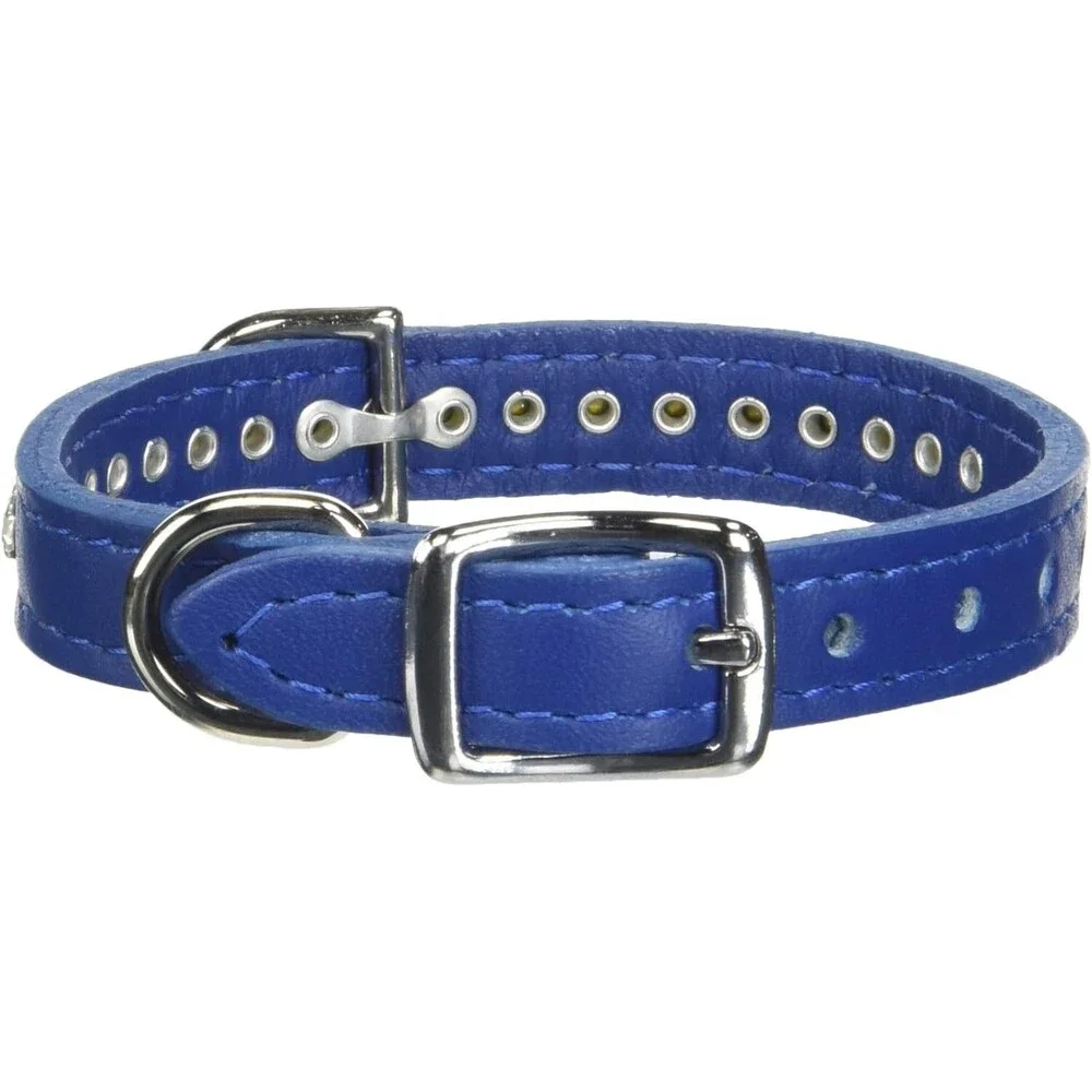 Signature Leather Crystal Dog Collar, Blue Solid Grain Leather, Fits 7.5"-9.5" - Picture 2 of 3